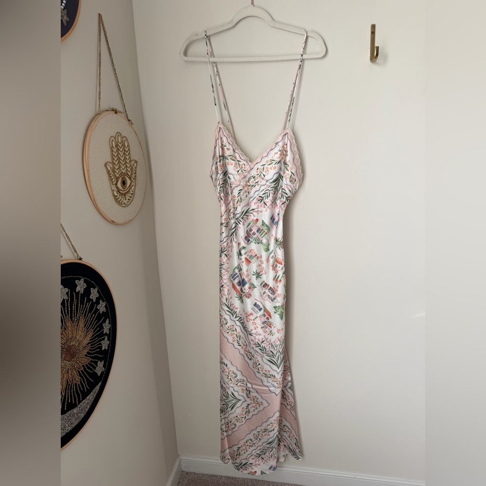 En Saison Pink White Floral lace trim open back Maxi slip Dress